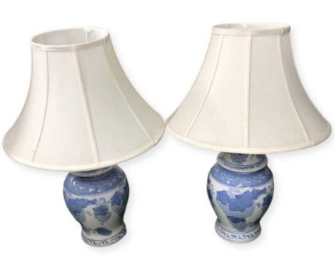 Pair of Modern Decorative Chinese Style Lamps (2). Complete with shadesHeight to top of light fitting 40 cms