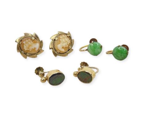 Mixed Lot of 9ct Gold Earrings, To include a Yellow Metal Earrings, 8.8g9ct gold and jade earrings, 9ct gold and cameo earrin