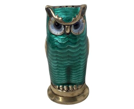 David Andersen Norwegian Silver &amp; Guilloche Enamel Owl Pepperette 5.5cm high. Green, black and light blue guilloche ename