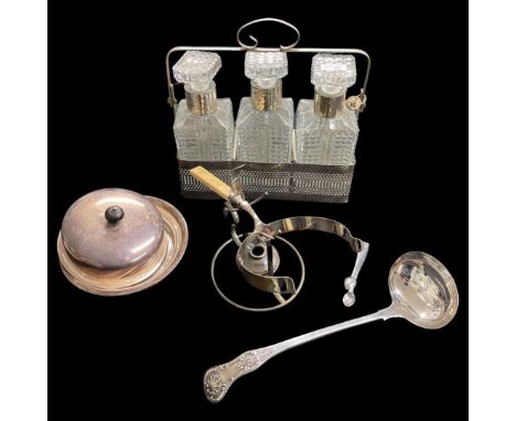 A Small Quantity of Silver Plated Items to include a 3 decanter tantalus, a ladle and other items.
