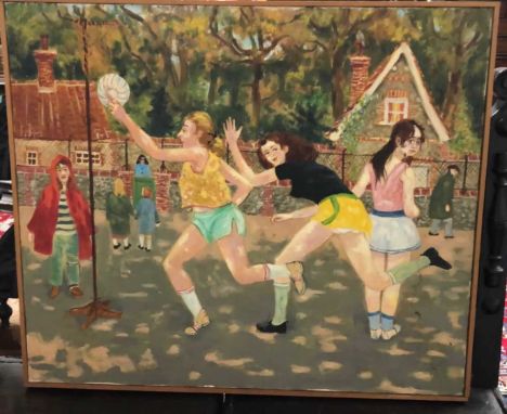 J P Digby (British, 20th Century) 'Girls At Play', Unsigned, framed oil on canvas.John Digby (d.2021) was a local Norfolk Art
