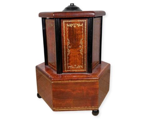A Good Quality and Unusual Hexagonal German Revolving Music Box in mahogany with fine gold painted decoration. Winding mechan