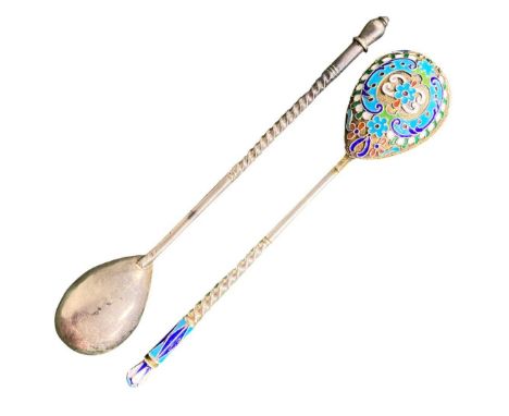 A Russian c1900 Cloisonne Enamel &amp; Silver Egg Spoon, plus another silver spoon. Marks c1900 84 standard, the other unmark