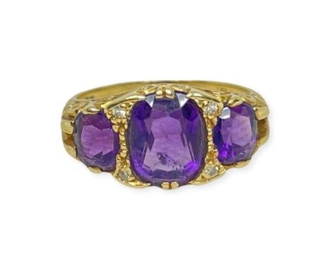 18ct Gold Amethyst and Diamond Trilogy Ring, 5g.Size NGood