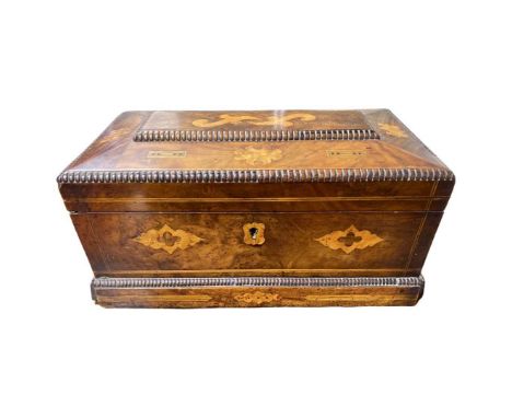 Large Walnut and Fruitwood Inlay Detail Casket Tea Caddy, 19th Century. 3 lidded sections open to reveal foil lining (now wor