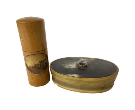A Scottish Mauchlin Ware 'Elie' Pot &amp; Cow Horn Snuff Box. Box with amethyst set topPot height 9 cmQty: 2Minor surface wea