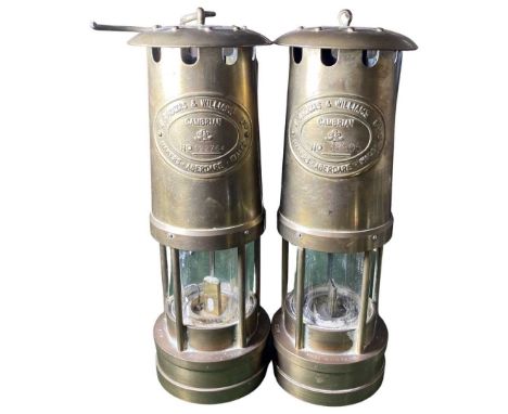 Two Vintage E Thomas Williams Ltd Makers Aberdare Wales Colliery Brass Mining Lamps. Height 26cm. Both with original brass mo