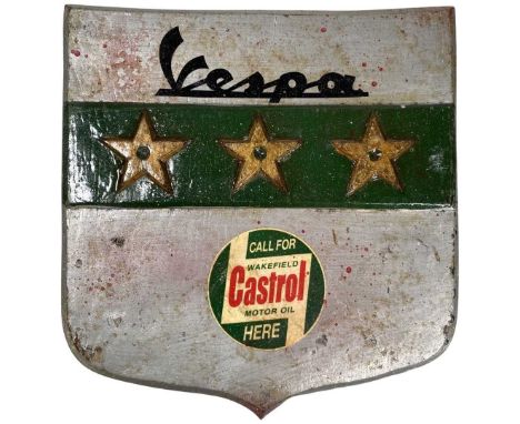 Fan Made Vintage 'Vespa Castrol Motor Oil' Wooden Advertising Sign 29cm. Solid carved wood, painted and lacquered29 x 27 cmQt