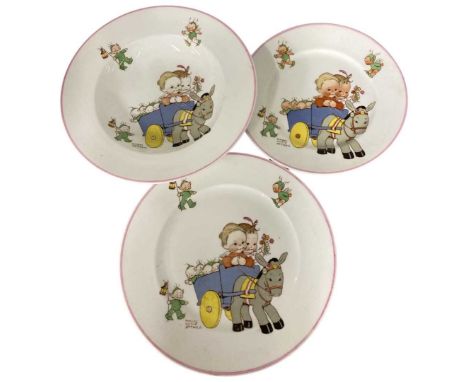 Matching Trio of Shelley Wares, Signed Mabel Lucie Attwell. Images of 2 children in cart with donkey and other charactersNo d