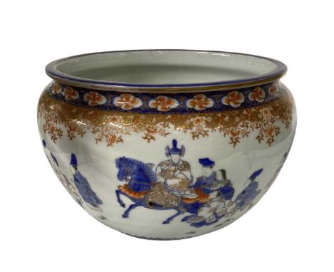 A Good Late 19th/ Early 20th Century Porcelain Planter Cache-Pot decorated in underglaze blue with iron red and gold decorati