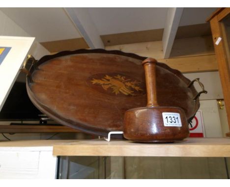 An oval mahogany inlaid tray and one other item.