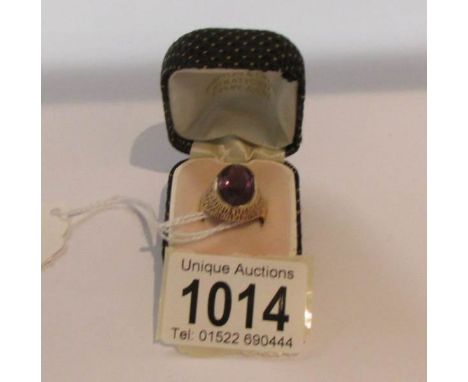 A 1960/70's retro style 9ct gold ring set with amethyst, hall marked S &amp; Co., Birmingham 1972, size L.