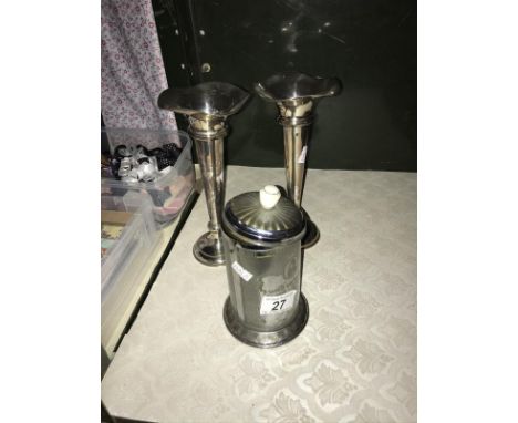 Pair of silver plated vases and a Coronation tea caddy