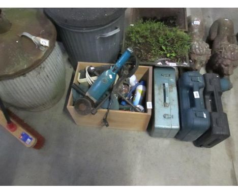 A box of assorted hardware inc. Makita sander/ polisher