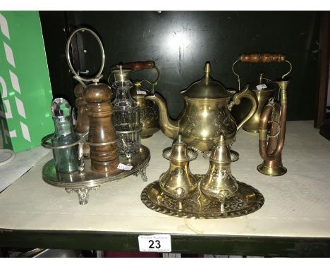 Cruet items, 2 brass teapots, miniature copper bugle etc.