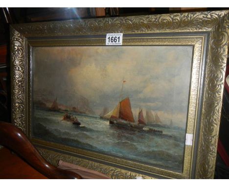 A Charles Thornley (1858-1898) oil on canvas seascape of sailing and rowing boats off a coast, signed (Pseudonyms also used -