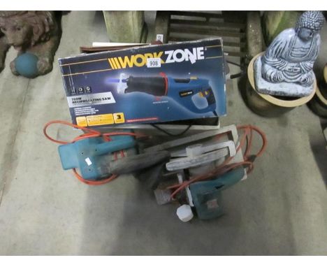 A selection of power tools inc. planer, saw and ratchet straps, etc.