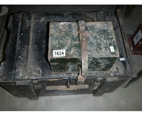 A military No.1 2 men 1 day rations tin box and a wooden trunk.