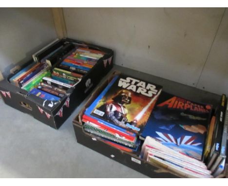 2 boxes of books including childrens annuals and books, ordnance survey maps, novels etc.