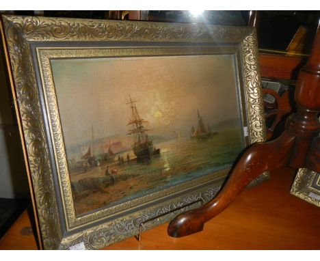 A Charles Thornley (1858-1898) oil on canvas seascape of sailing vessels in an estuary at sunrise, signed (Pseudonyms also us