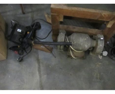A vintage Stanley Bridges bench grinder, sds drill and pump