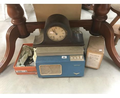 A 1950's Ferguson Monarch record player, oak mantle clock, vintage toaster &amp; cutlery