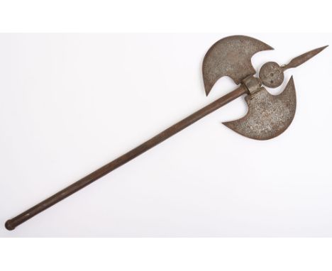 Persian Qajar Dynasty Double Headed All Steel Axe, heads etched with seated figures, animals, birds and foliage, plain iron h