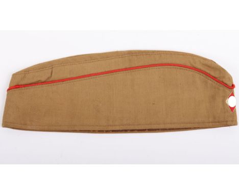 Third Reich Hitler Youth Summer Pattern Overseas / Side Cap, tan cloth body with red piping to the curtain. Machine embroider