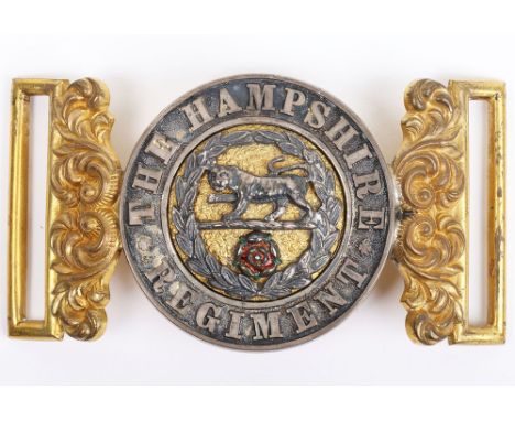 Post 1881 The Hampshire Regiment Officers Waist Belt Clasp, fine two piece silver gilt officers waist belt plate with seeded 