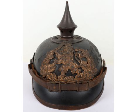Imperial German Hessian Other Ranks Pickelhaube, leather bodied pickelhaube with brass fittings. State of Hesse other ranks p