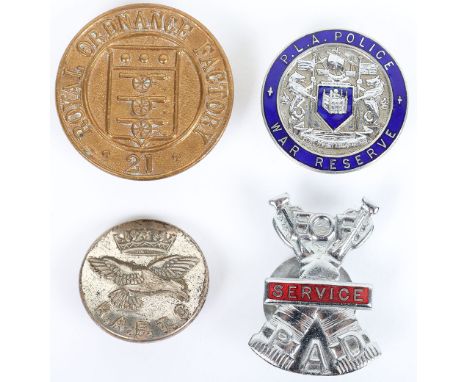 WW2 British Home Front Lapel Badges, including brass Royal Ordnance Factory 21 lapel badge with fittings to the reverse, Port