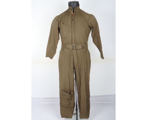 WW2 American Type A-4 Flight Suit, single-breasted overalls type flying suit of olive drab gabardine, featuring a turn-down c