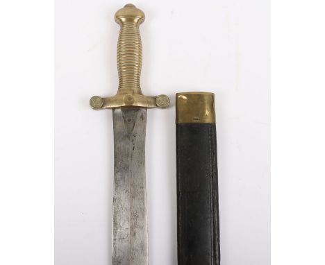 French Gladius Type Sidearm, large one piece ribbed brass hilt and cross guard. Housed in its brass mounted leather scabbard 