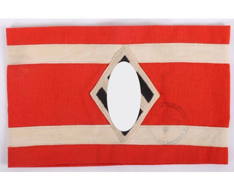 Scarce Third Reich Studentbund Armband, red cotton armband with white strips and central machine woven elongated swastika in 