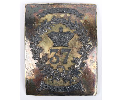 Hallmarked Silver 37th (North Hampshire) Regiment of Foot Officers Shoulder Belt Plate Post 1826, fine rectangular silver gil