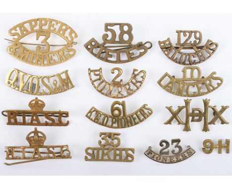 Indian Army Metal Shoulder Titles, brass and white metal examples, including 23/PIONEERS, Q.V.O. S&amp;M, 10/LANCERS, 129/BAL