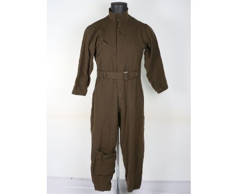 WW2 American Type A-4 Flight Suit, single-breasted overalls type flying suit of olive drab gabardine, featuring a turn-down c