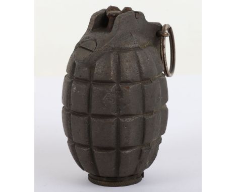 Inert WW1 British No5 Mk1 Mills Grenade, example with brass base plate being stamped with details ‘No5 Mk1 MILLS PATENT 9/16 