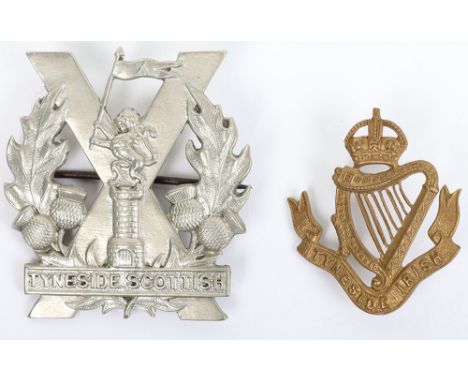 WW1 Tyneside Irish Shoulder Title, bring brass crowned harp over title scroll, with two lug fittings to the reverse. Accompan