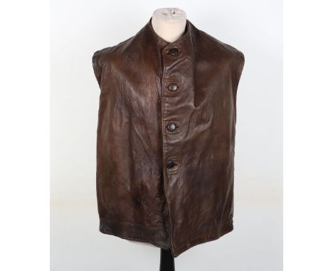 WW1 British Leather Jerkin, good example of a brown leather four button front jerkin with grey cloth lining to the interior w