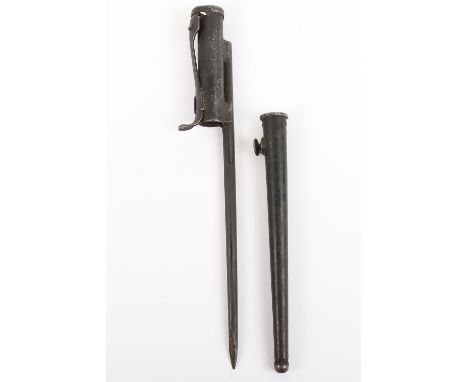 Scarce WW2 British Stengun Mk1 Bayonet, complete with its original scabbard with frog stud. The spring top is stamped with ma