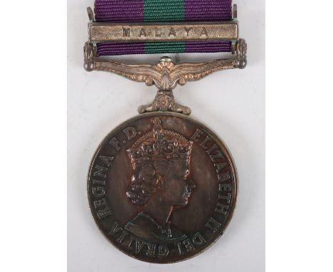 General Service Medal 1918-1962 Hampshire Regiment, EIIR, with single clasp Malaya, “23048738 PTE. M. J. FLOOD. R. HAMPS”. La