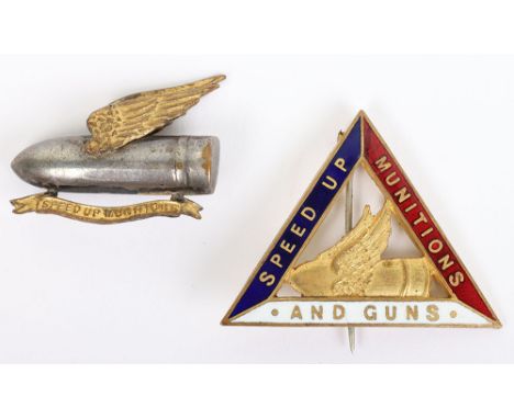WW1 Speed Up Munitions Enamel Lapel Badge, fine gilt brass and enamel triangular badge with pin back fitting. Accompanied by 