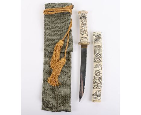 19th Century Japanese Carved Bone Dagger Tanto, hilt and scabbard carved with Japanese male and female figures. Top pommel in