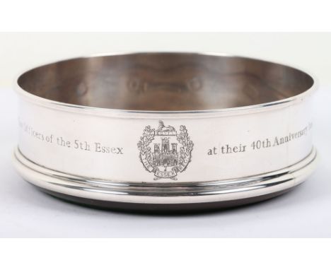 Hallmarked Silver Essex Regiment Table Coaster, fine example with hallmarks for London 1985, with engraved regimental badge a