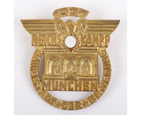 Rare Third Reich Hitler Youth 1937 Reichskampf Munchen Participation Badge, fine gilded tomback badge produced by F Hoffstatt