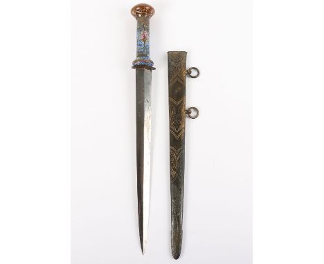 19th Century Dirk, copper based hilt with painted enamel decoration. Replaced polished top. Housed in gilt metal scabbard hav