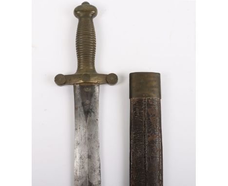 French Gladius Type Sidearm, large one piece ribbed brass hilt and cross guard. Housed in its brass mounted leather scabbard 