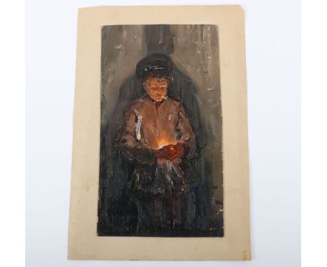 Soviet Russian Oil Painting by Valentine Sergeevich Smirnov, delightful small oil on board painting showing a young Russian s