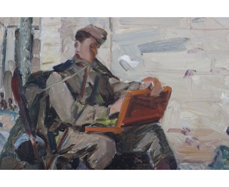 Soviet Russian Oil Painting by Ilya Efimovich Vasilchenko ‘Near the Reichstag Walls, oil on board portrait of a Soviet Russia